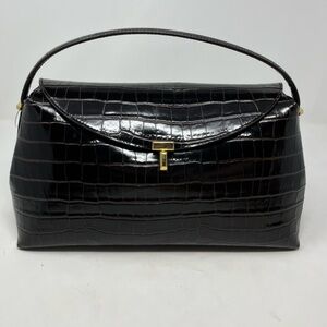 Toteme T-lock Croco Embossed Top Handle Brown Leather Bag with Strap OS